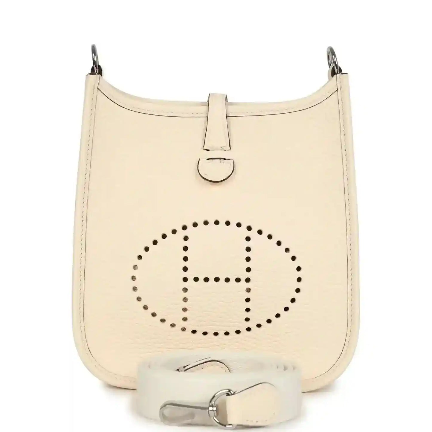 Small hobo crossbody bag in pale cream textured leather, perforated logo front
