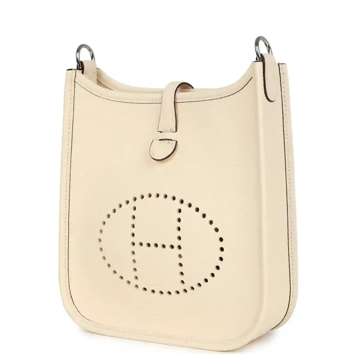 Cream textured leather hobo bag with perforated circular logo on front