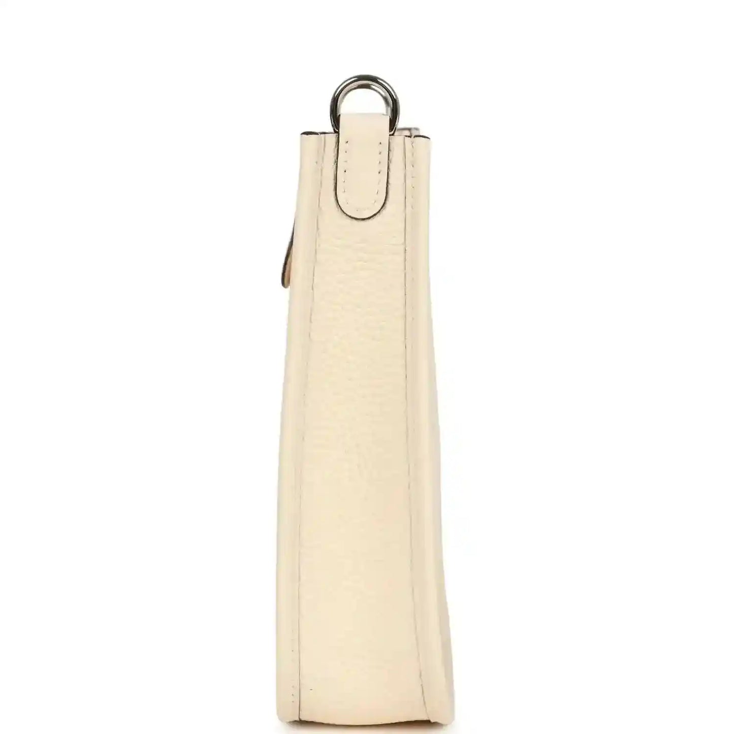 Cream textured leather bag with top handle and narrow side profile