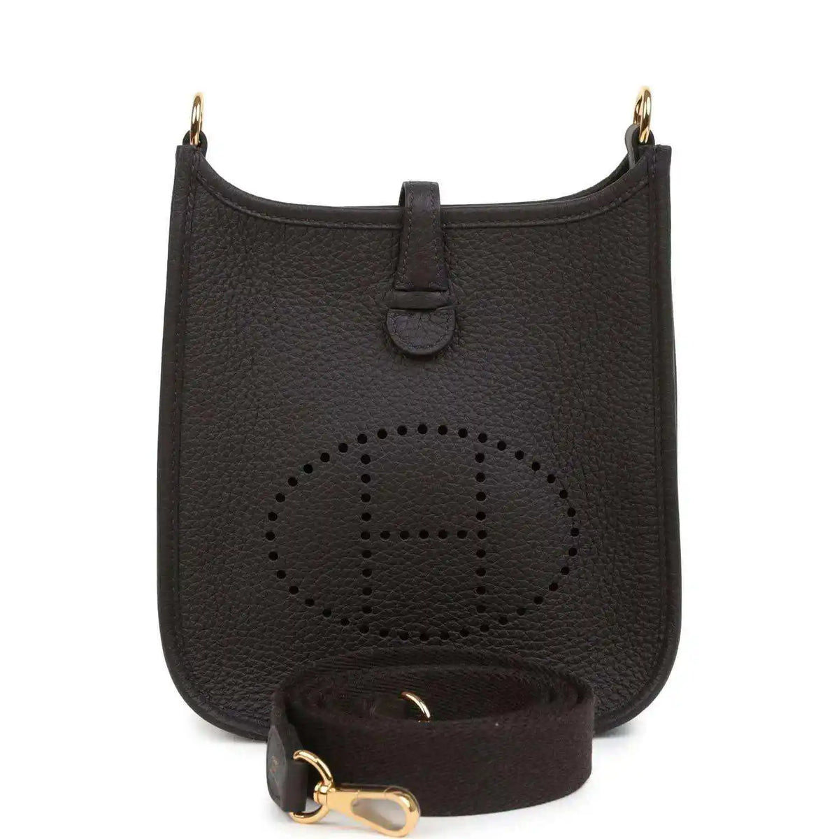 Black Clemence leather Evelyne TPM bag with perforated logo, gold-tone hardware and strap.