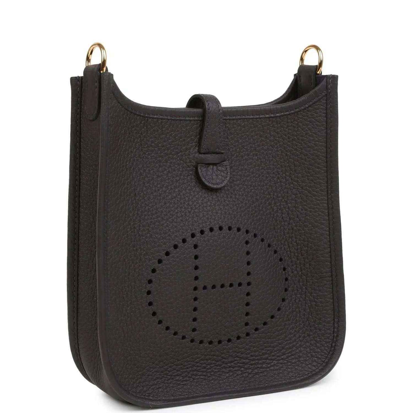 Black leather Evelyne TPM bag with perforated logo front and gold-tone top rings.