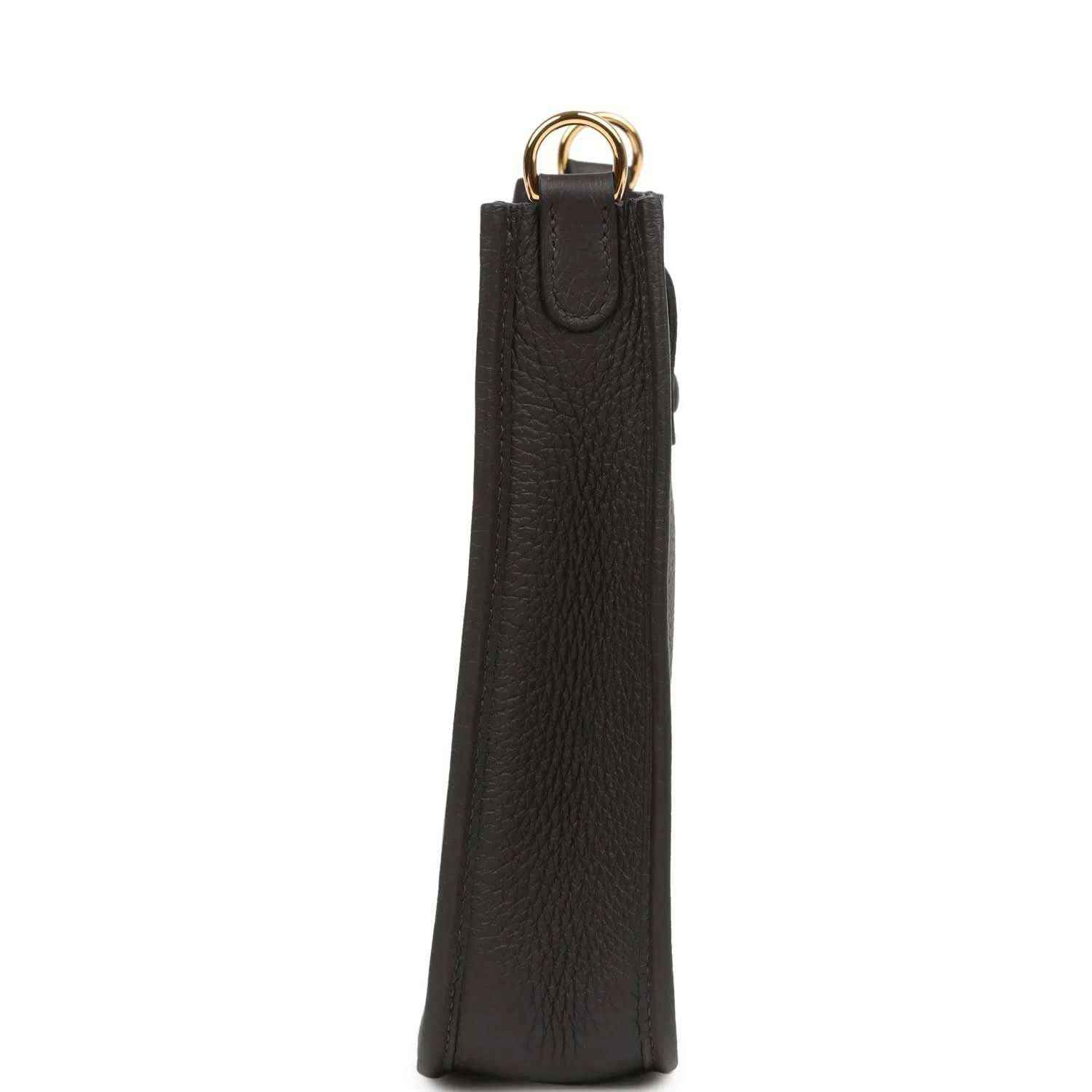 Black leather Evelyne TPM bag side view with gold-tone top ring and strap loop.