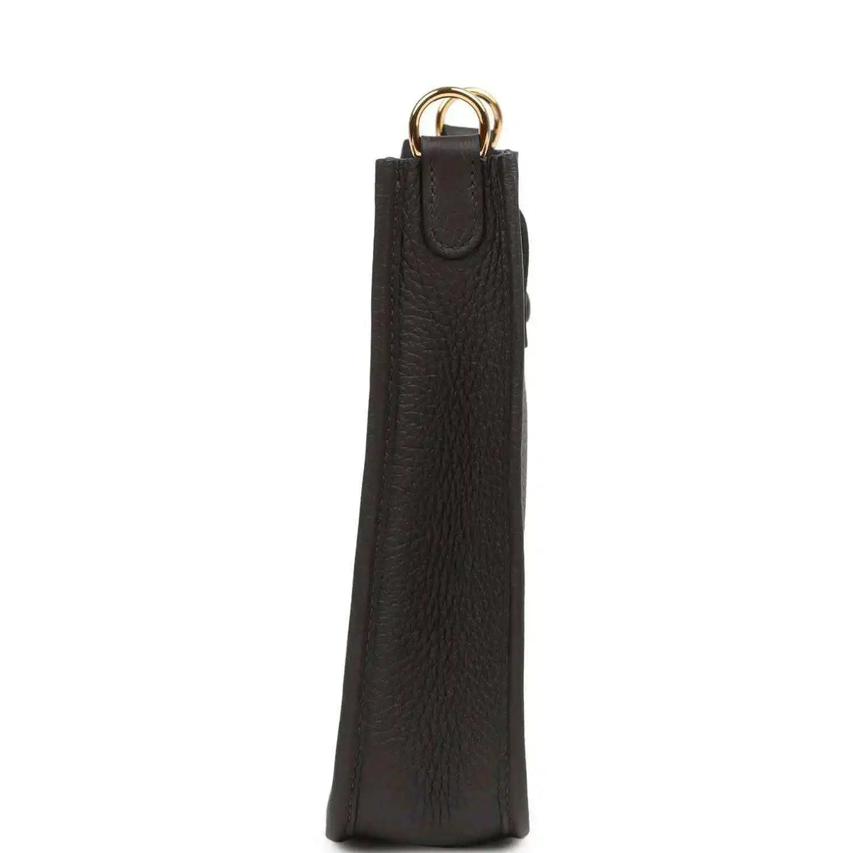 Black leather Evelyne TPM bag side view with gold-tone top ring and strap loop.
