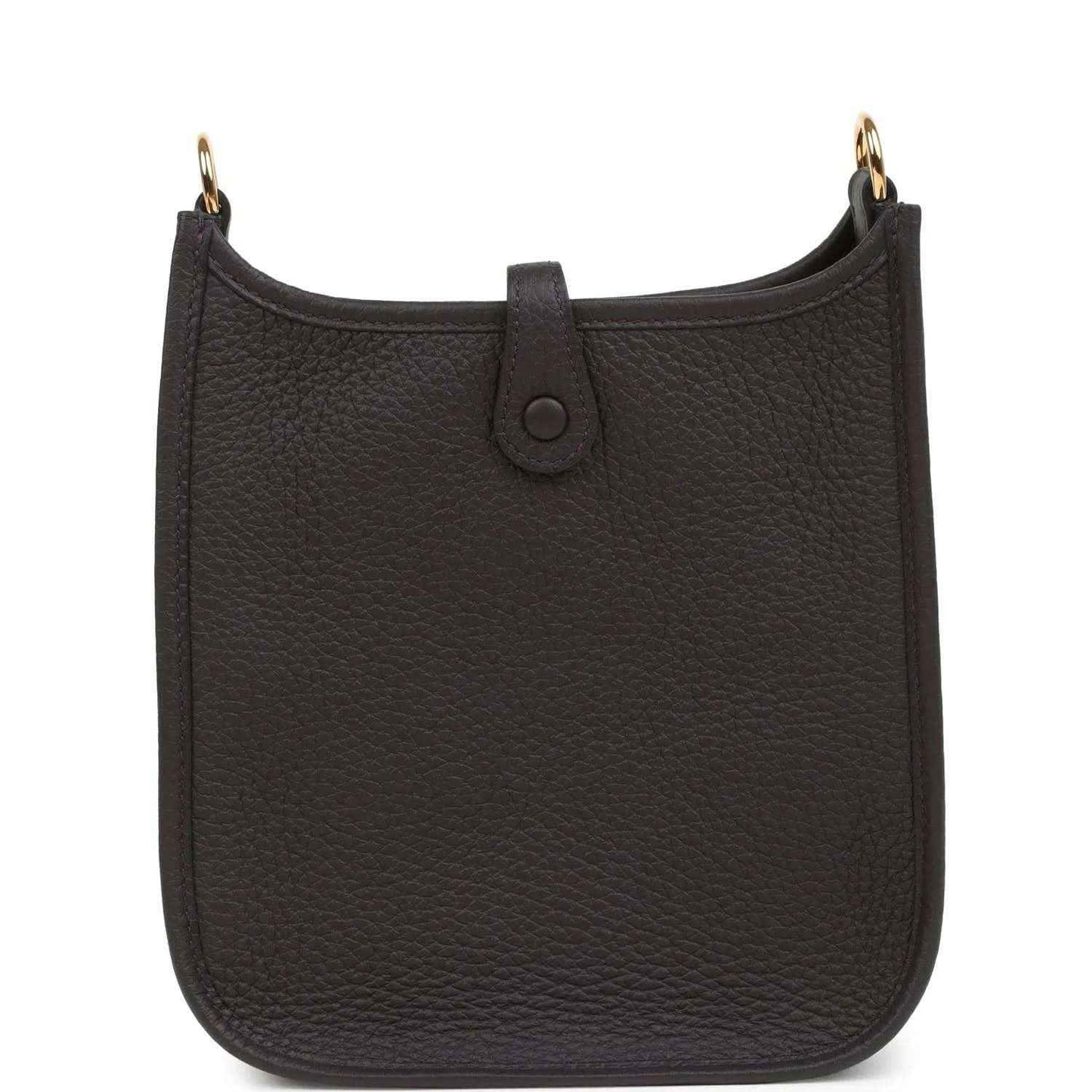 Black leather Evelyne TPM bag with center strap tab and gold-tone top ring hardware.