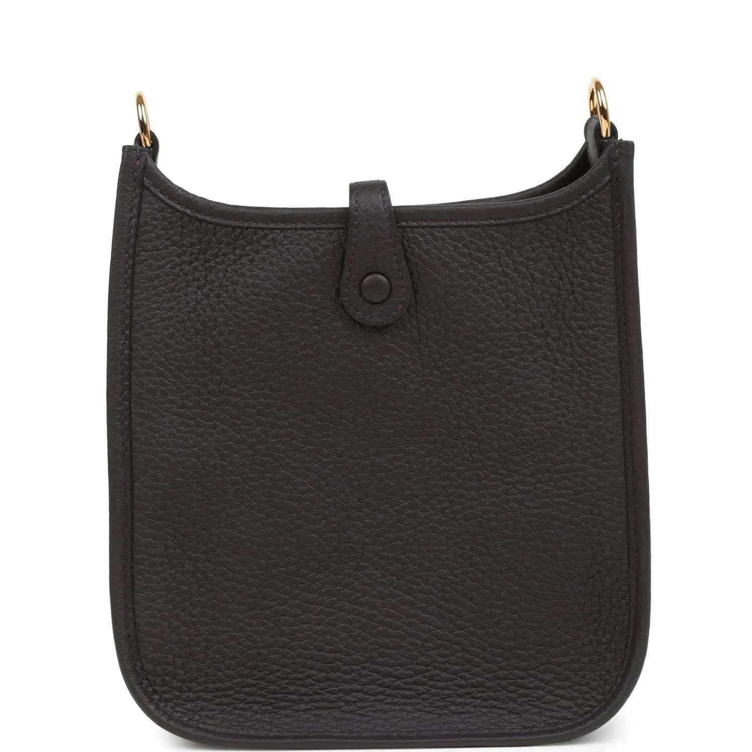 Black leather Evelyne TPM bag with center strap tab and gold-tone top ring hardware.