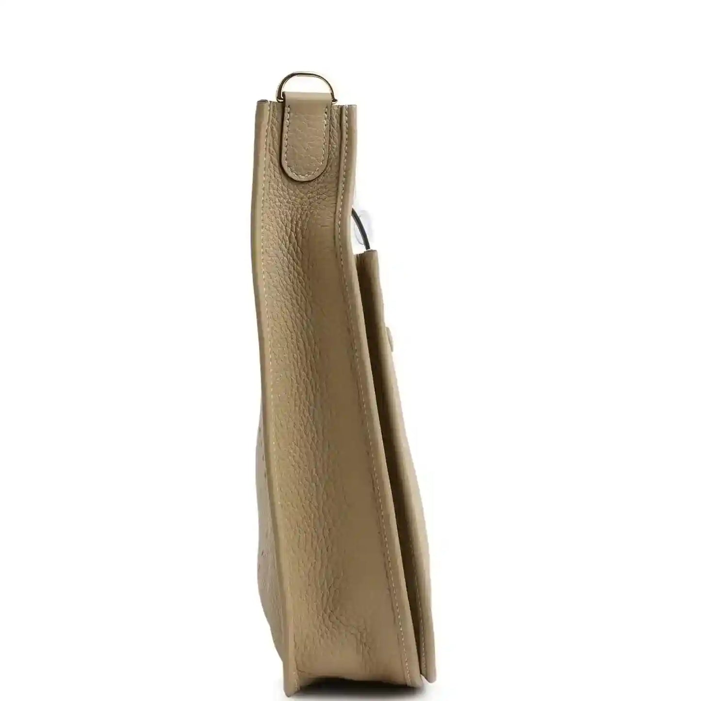 Small tan leather shoulder bag side profile with top handle loop and gold-toned hardware