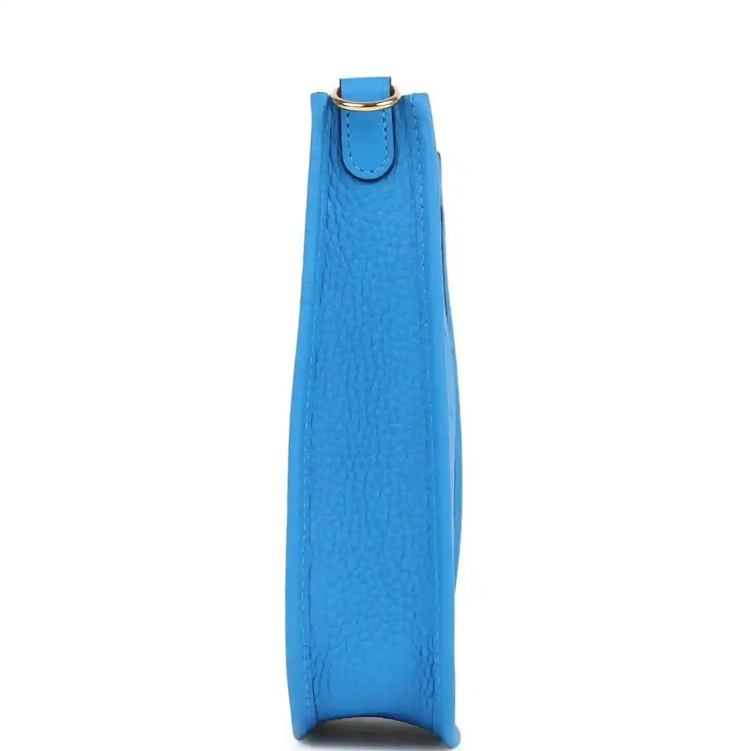 Blue leather Evelyne TPM style bag, side view with top ring and adjustable strap tab.