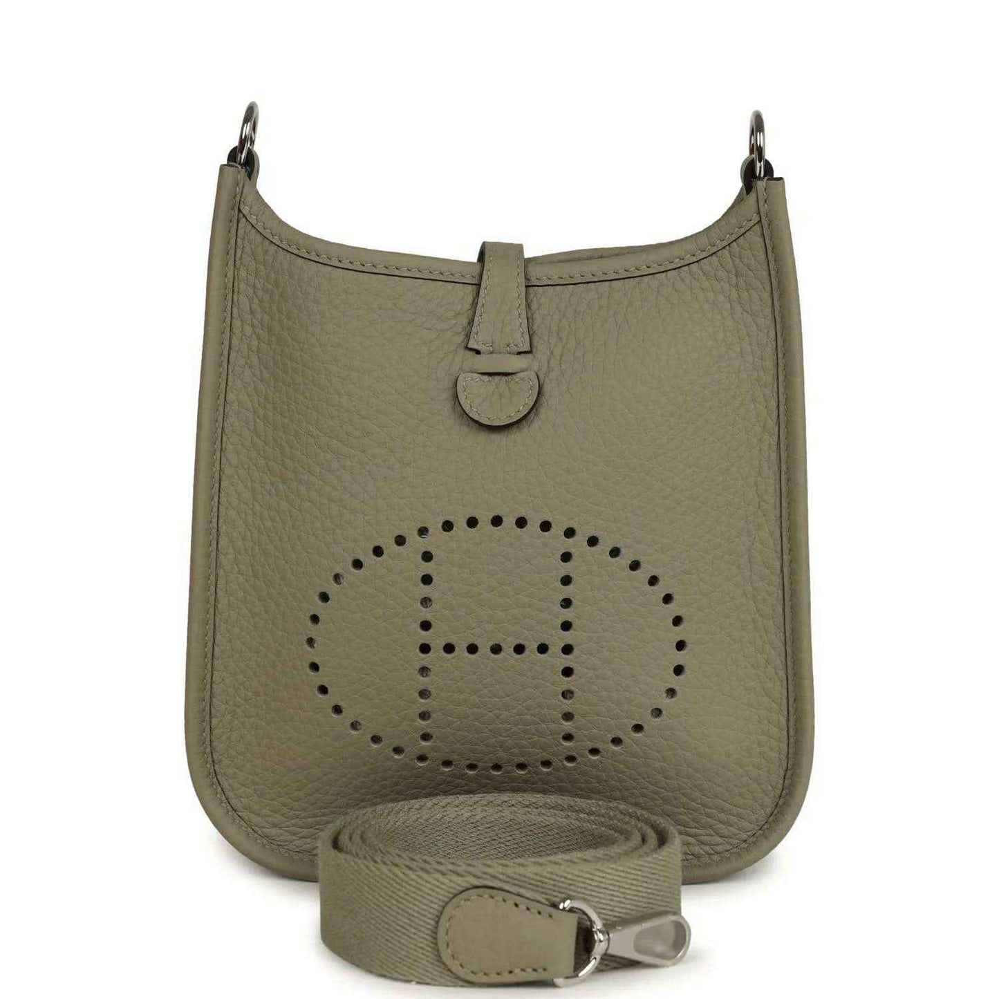 Sage green leather crossbody bag with perforated Evelyne logo and adjustable strap