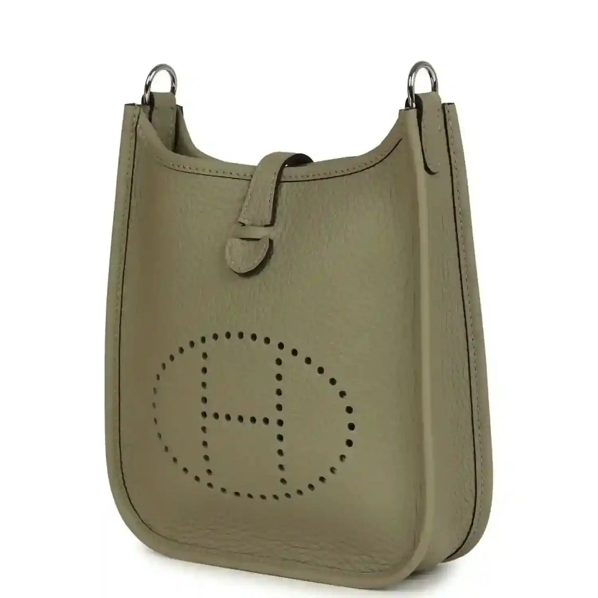 Sage green leather crossbody bag with perforated Evelyne logo and top rings