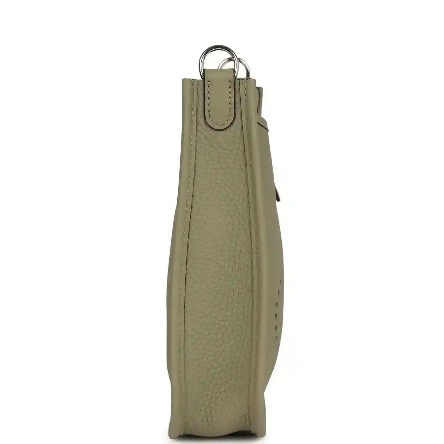 Sage green leather crossbody bag with hanging strap and silver-tone rings