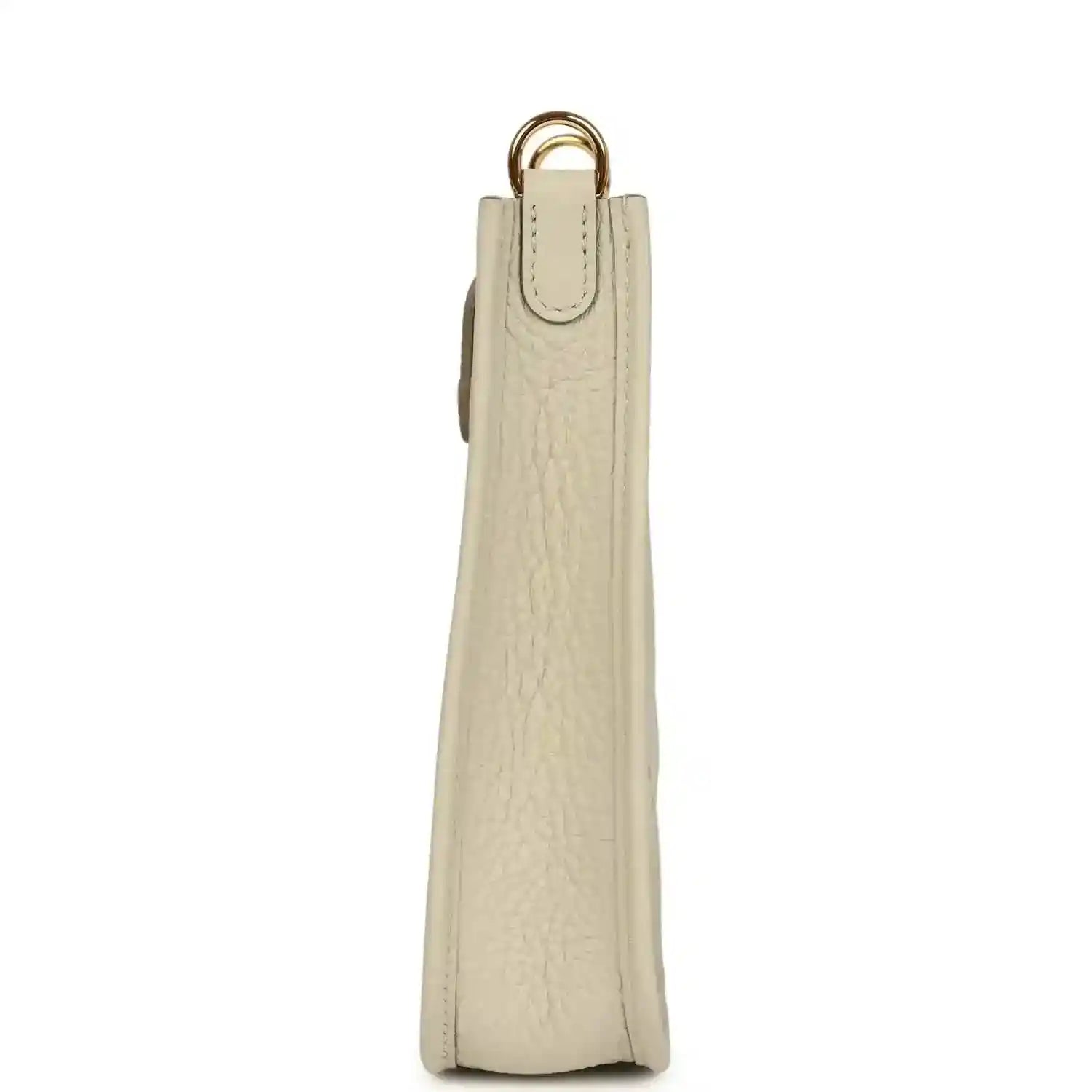 Hermes Evelyne TPM mini bag side view in light beige leather with gold top handle