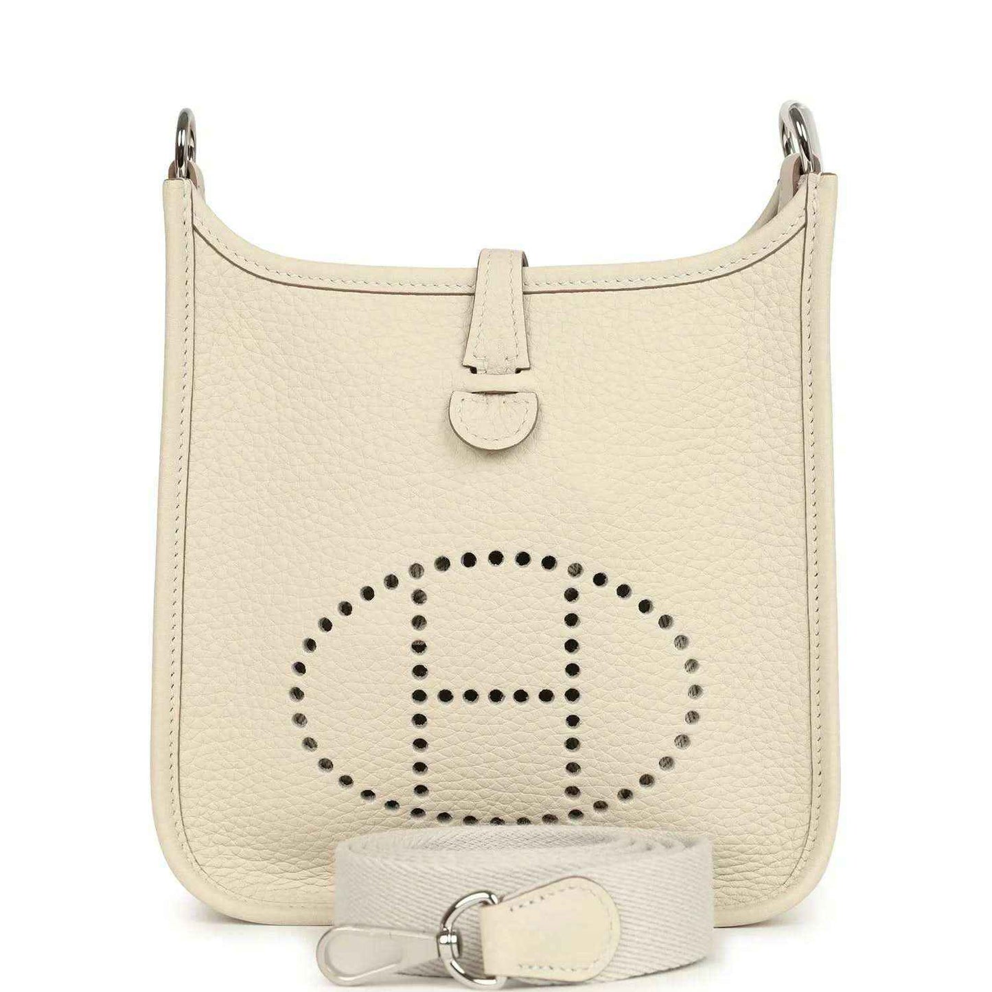 Mini leather hobo bag in light cream with perforated logo and top handle straps