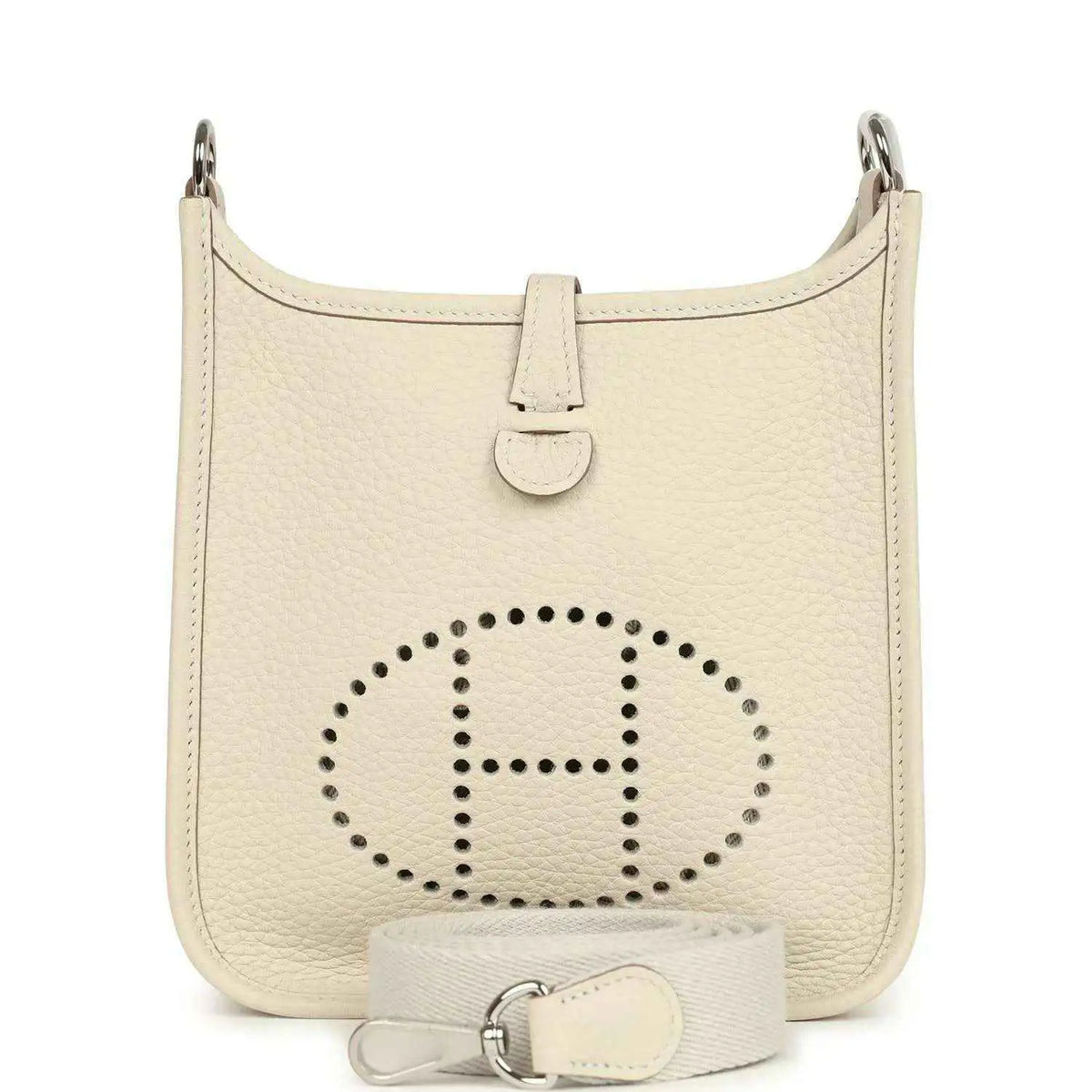 Mini leather hobo bag in light cream with perforated logo and top handle straps