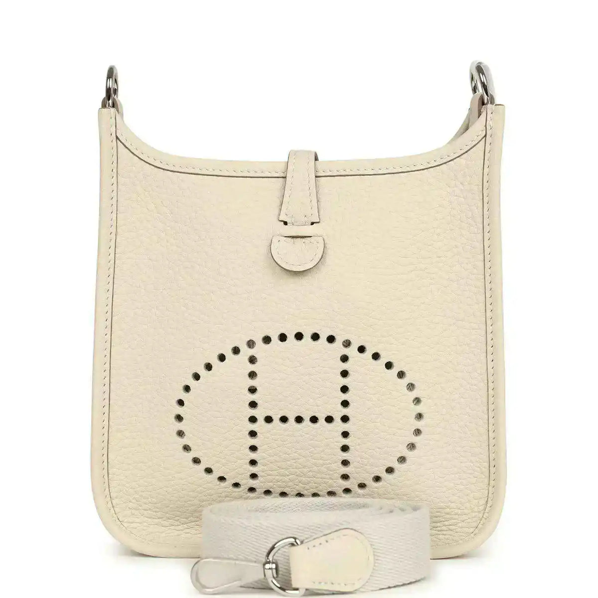 Mini leather hobo bag in light cream with perforated logo and top handle straps