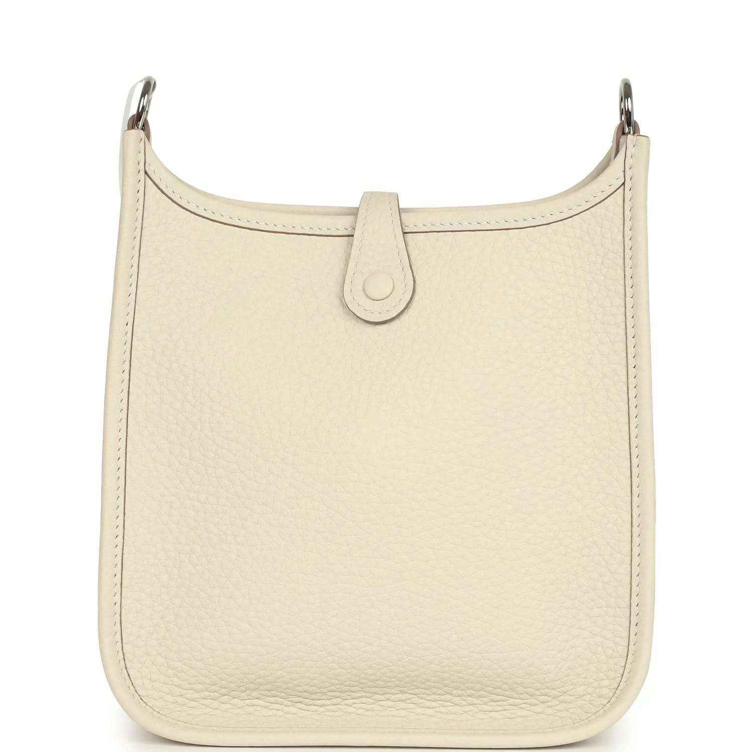 Cream leather hobo bag front with central pull-tab detail and smooth top edge