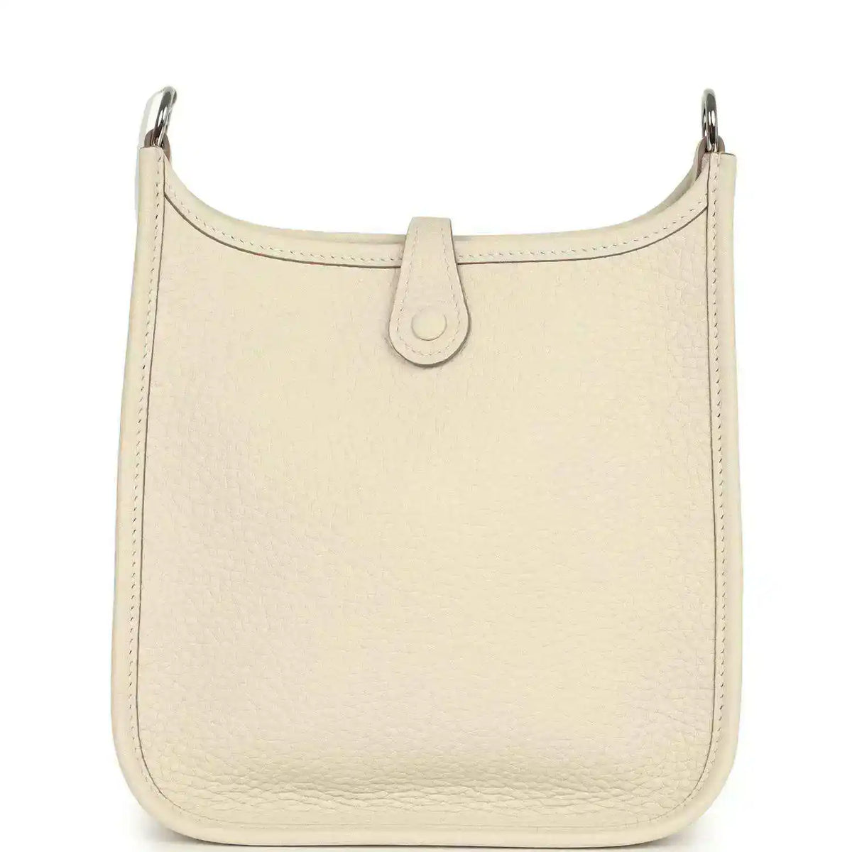Cream leather hobo bag front with central pull-tab detail and smooth top edge