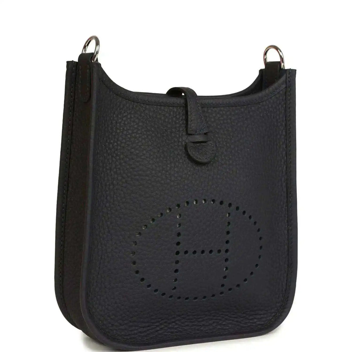 Evelyne TPM bag in dark leather with perforated logo panel and top handle rings