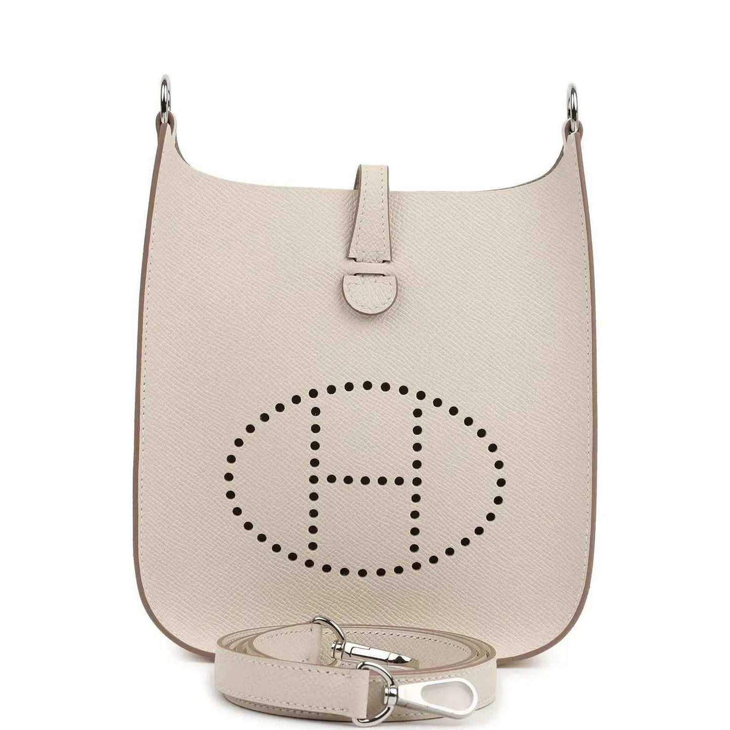 Mini shoulder bag in light beige textured leather with logo medallion and top clasp