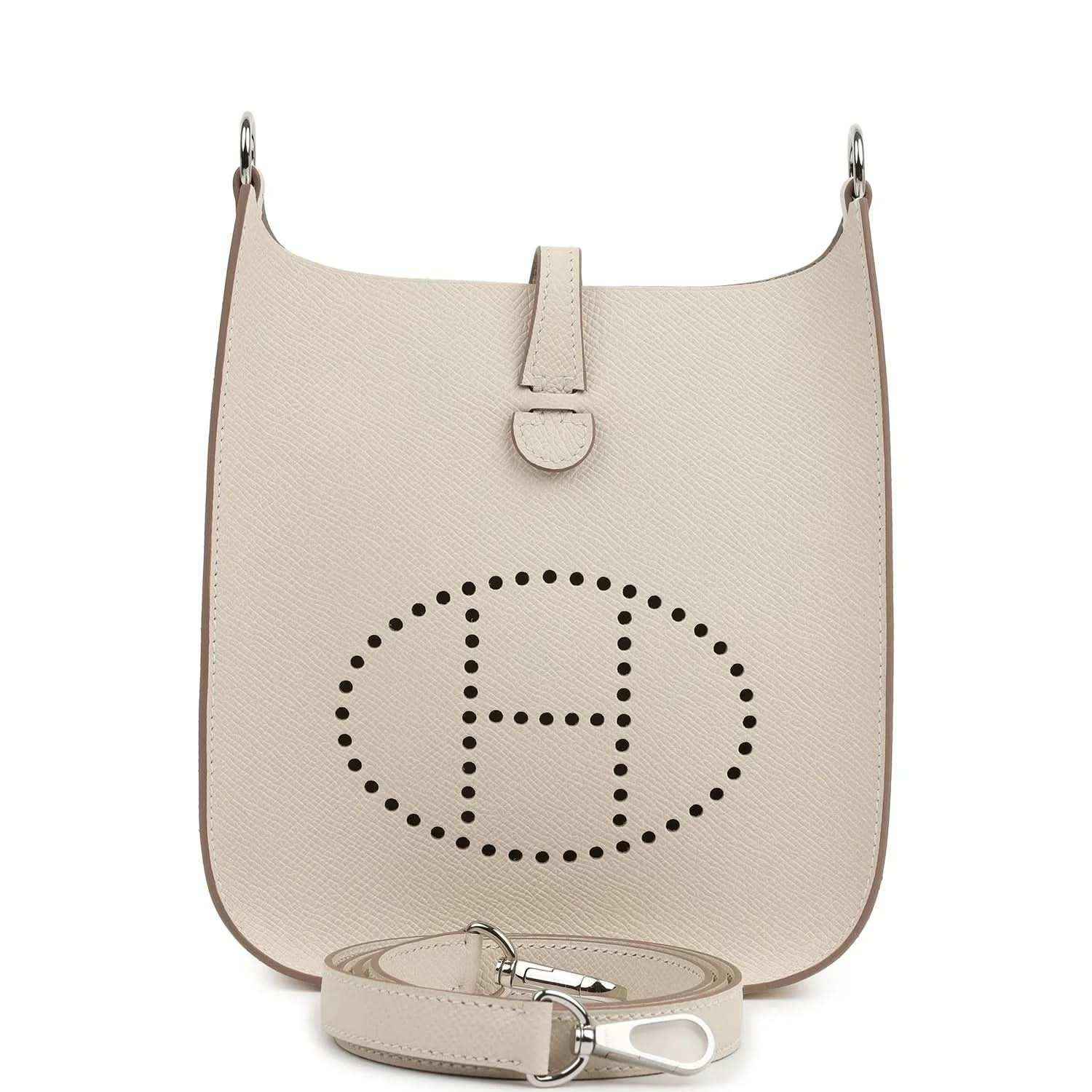 Mini shoulder bag in light beige textured leather with logo medallion and top clasp