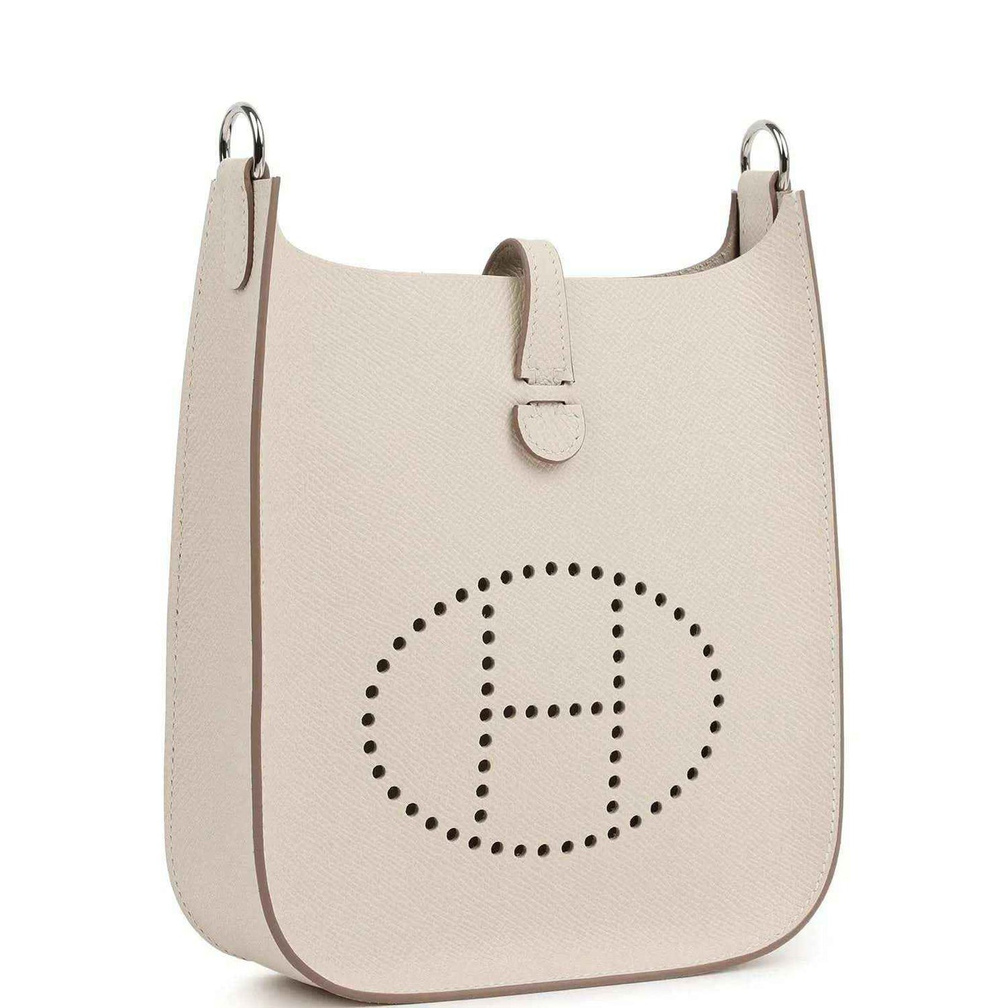 Light beige textured leather shoulder bag with logo medallion, front flap, silver hardware