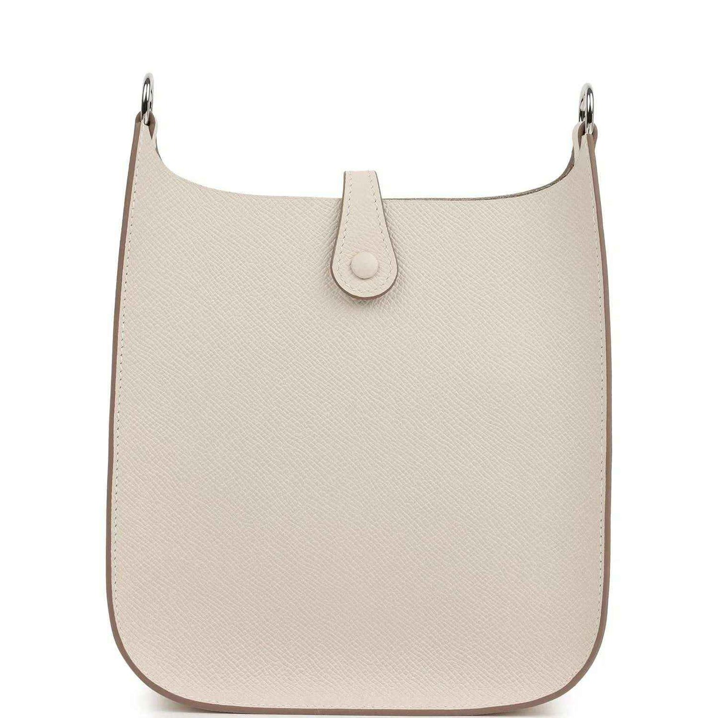 Light beige textured leather hobo-style bag with front snap tab and silver-tone rings