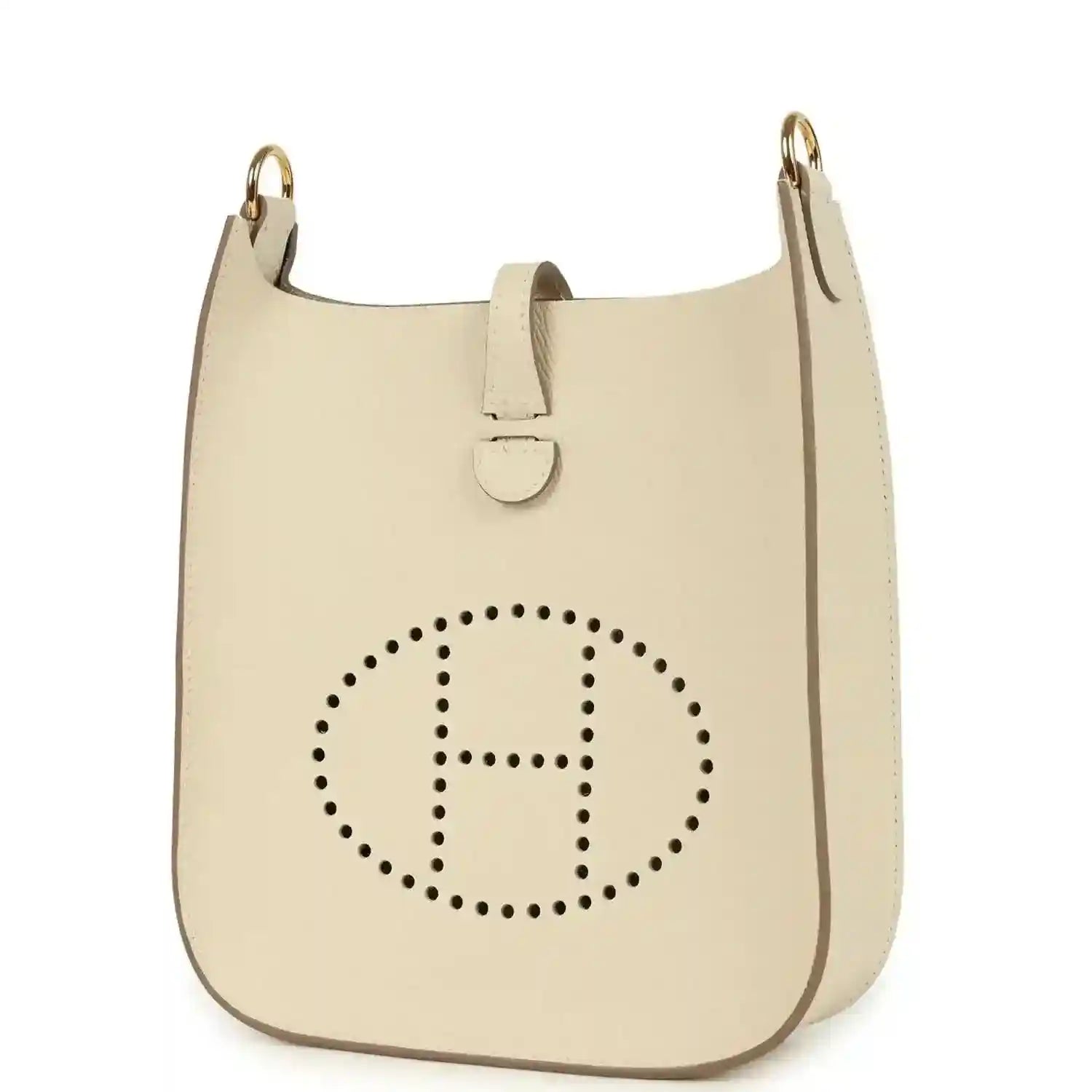 Cream leather crossbody bag with dotted 'H' logo, gold-tone rings and side panel