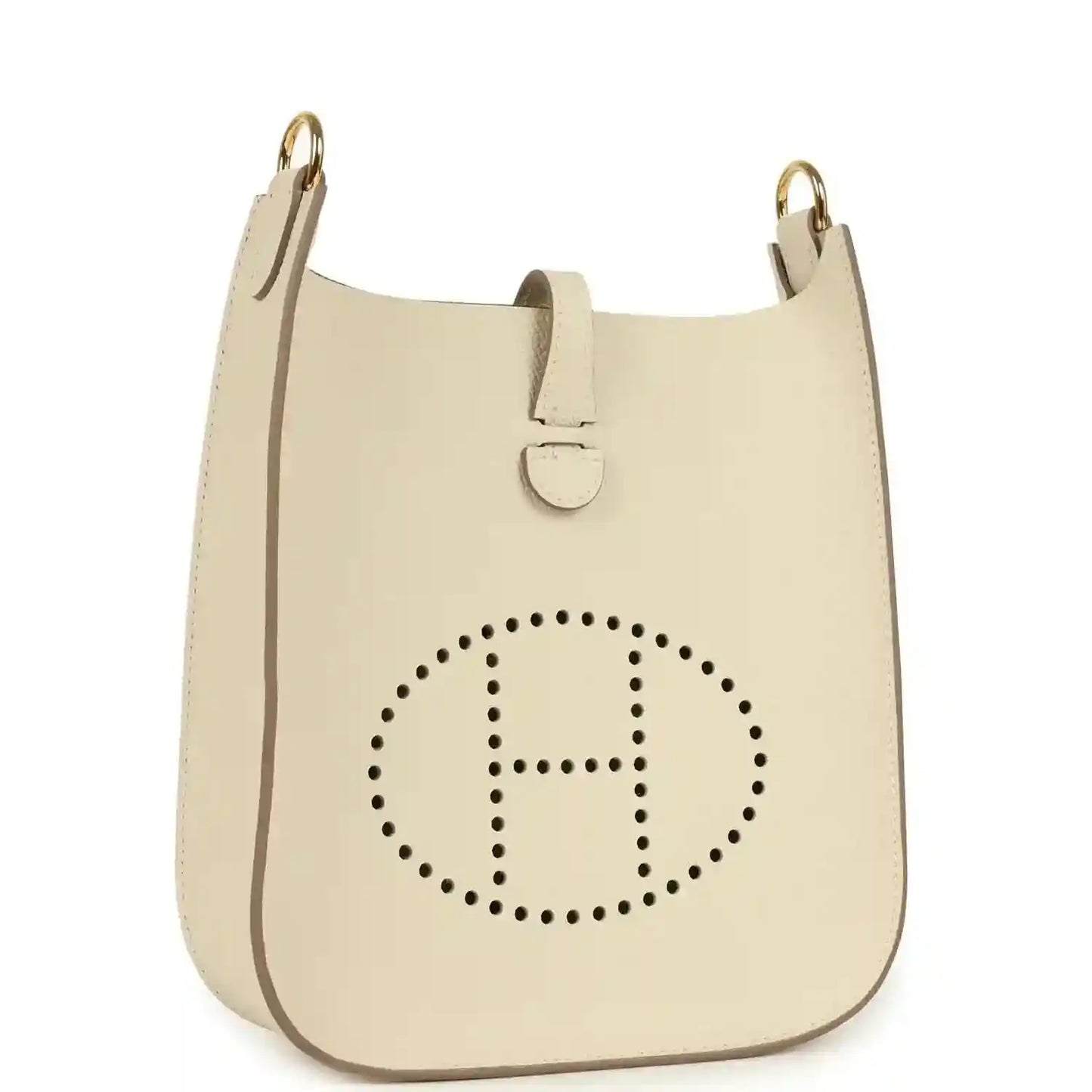 Cream leather crossbody bag with dotted 'H' logo and gold-tone top handles