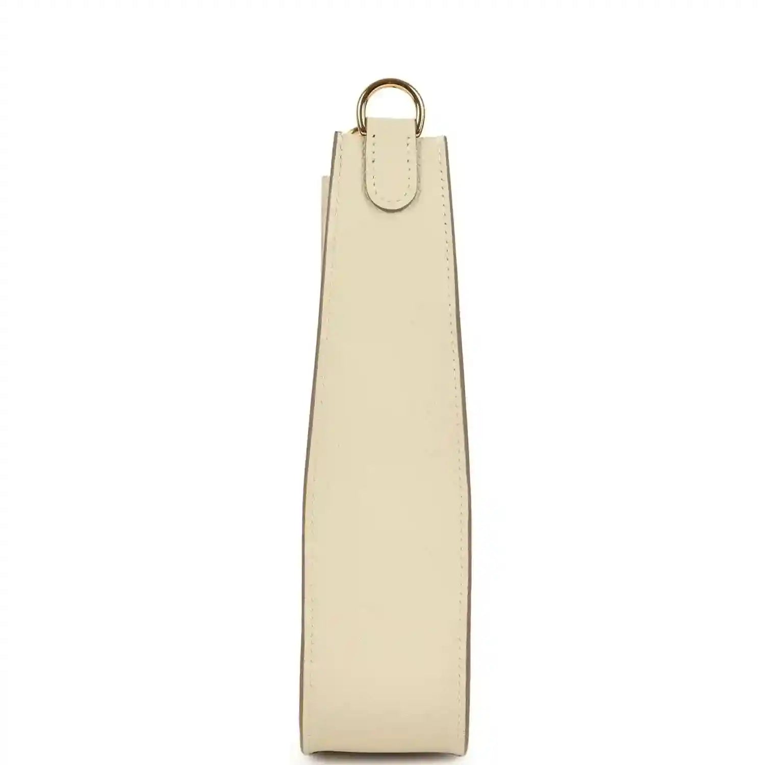 Cream leather crossbody bag strap with gold ring and stitched leather edge