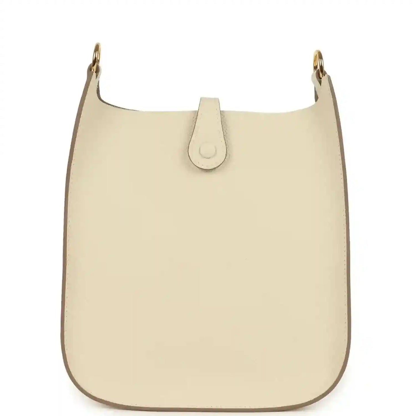 Cream leather crossbody bag front with top strap and central leather tab