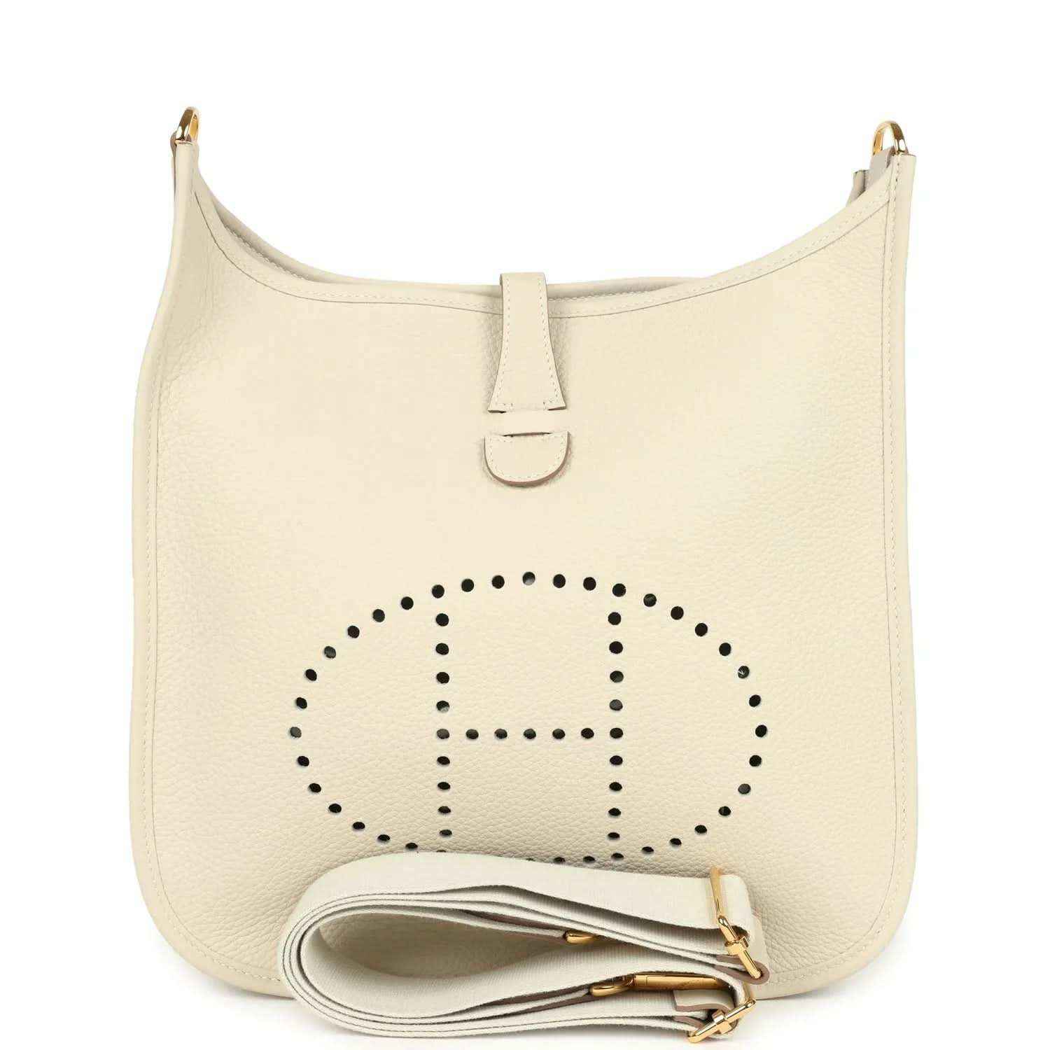 Cream leather shoulder bag with perforated logo and gold-tone hardware, top flap and strap.
