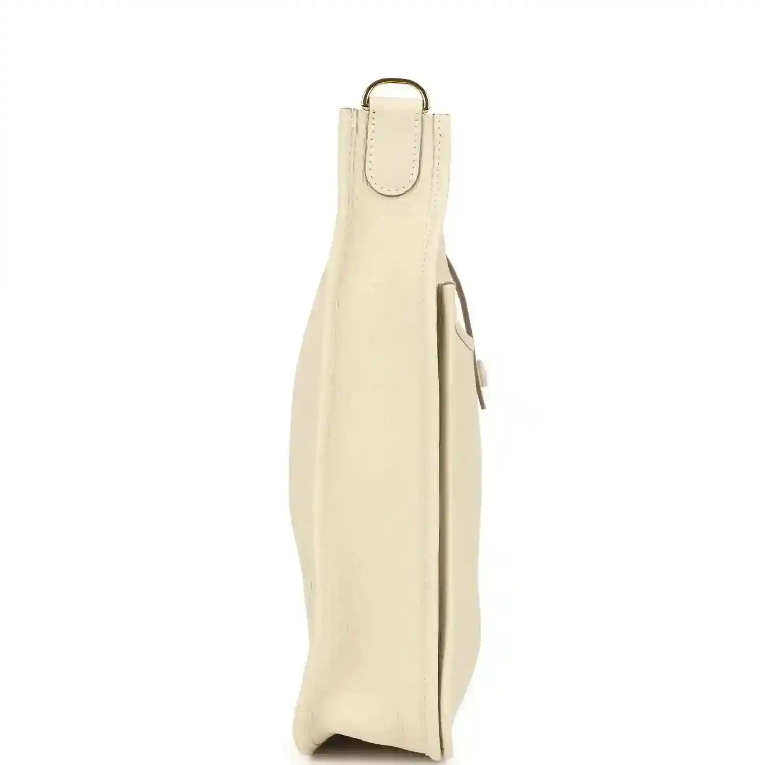 Light cream leather bag in vertical side view with top handle loop and gold-tone hardware.