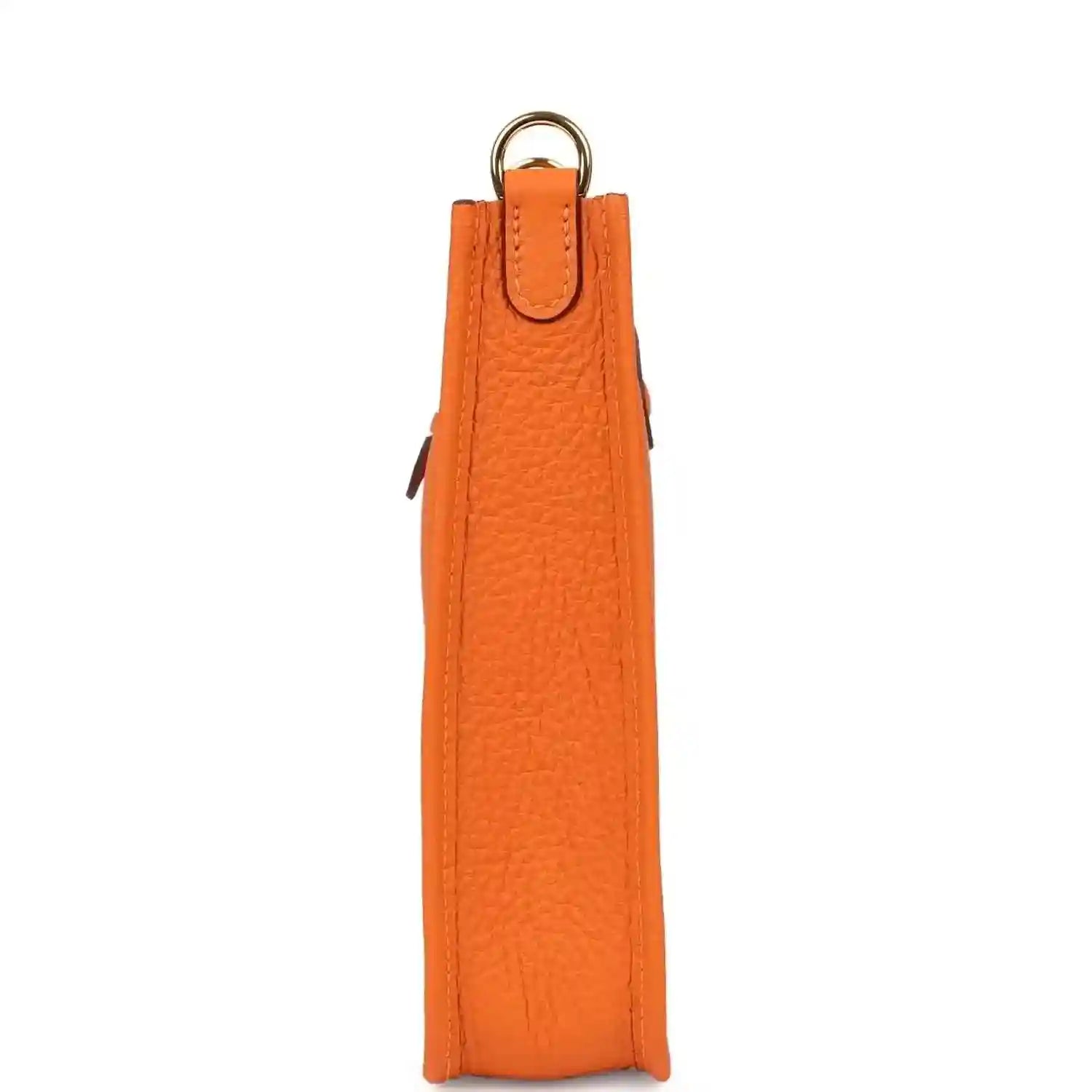 Orange Clemence leather crossbody bag, vertical side view with top loop and clasp