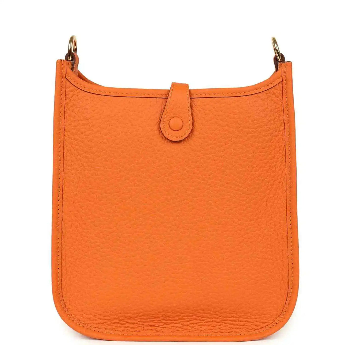 Orange Clemence leather crossbody bag front panel with top loop strap and stitching