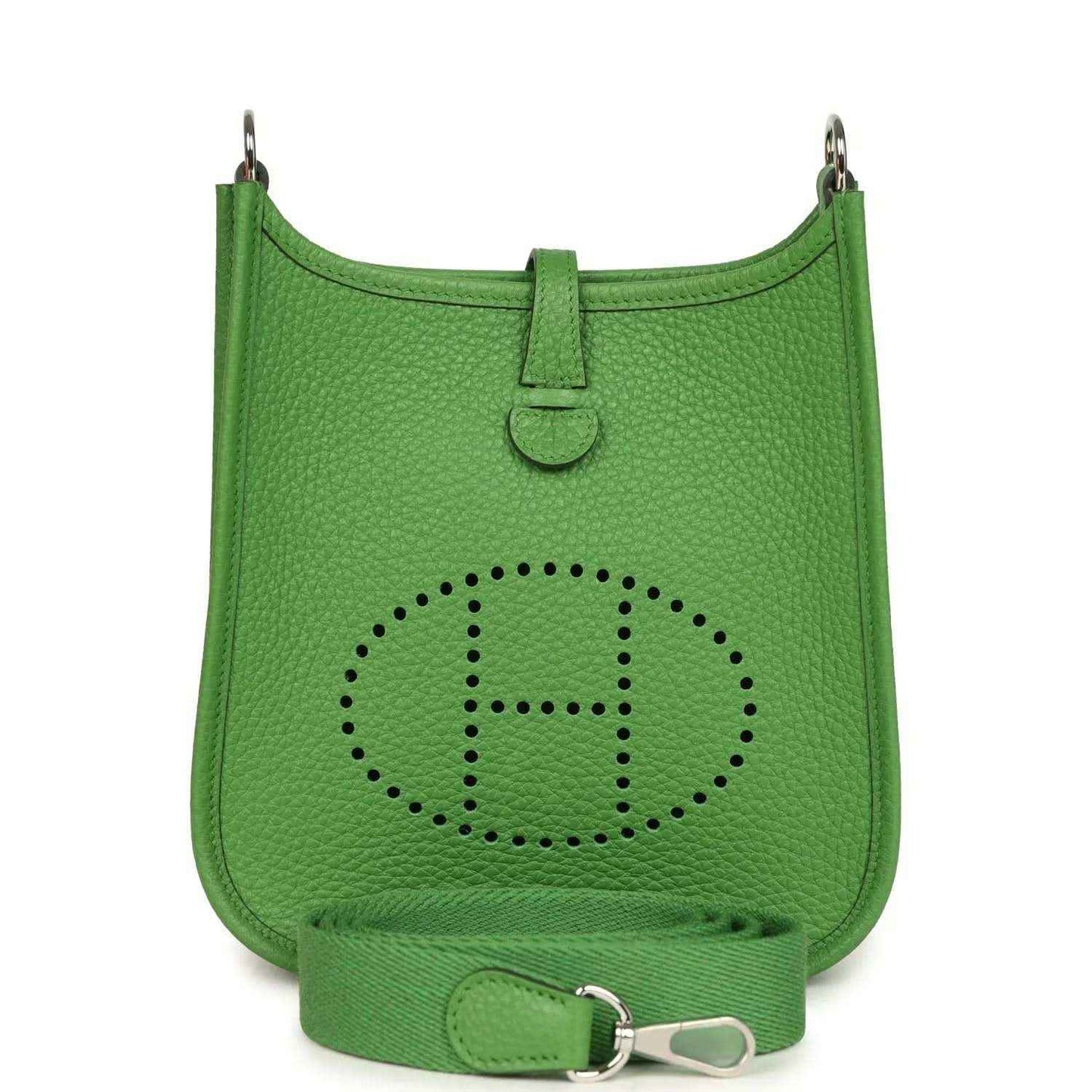 Green pebbled leather Evelyne TPM bag with perforated H logo and front strap