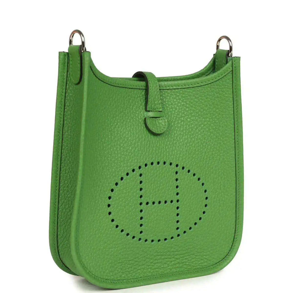 Green pebbled leather Evelyne TPM bag with perforated H logo and top loop handles