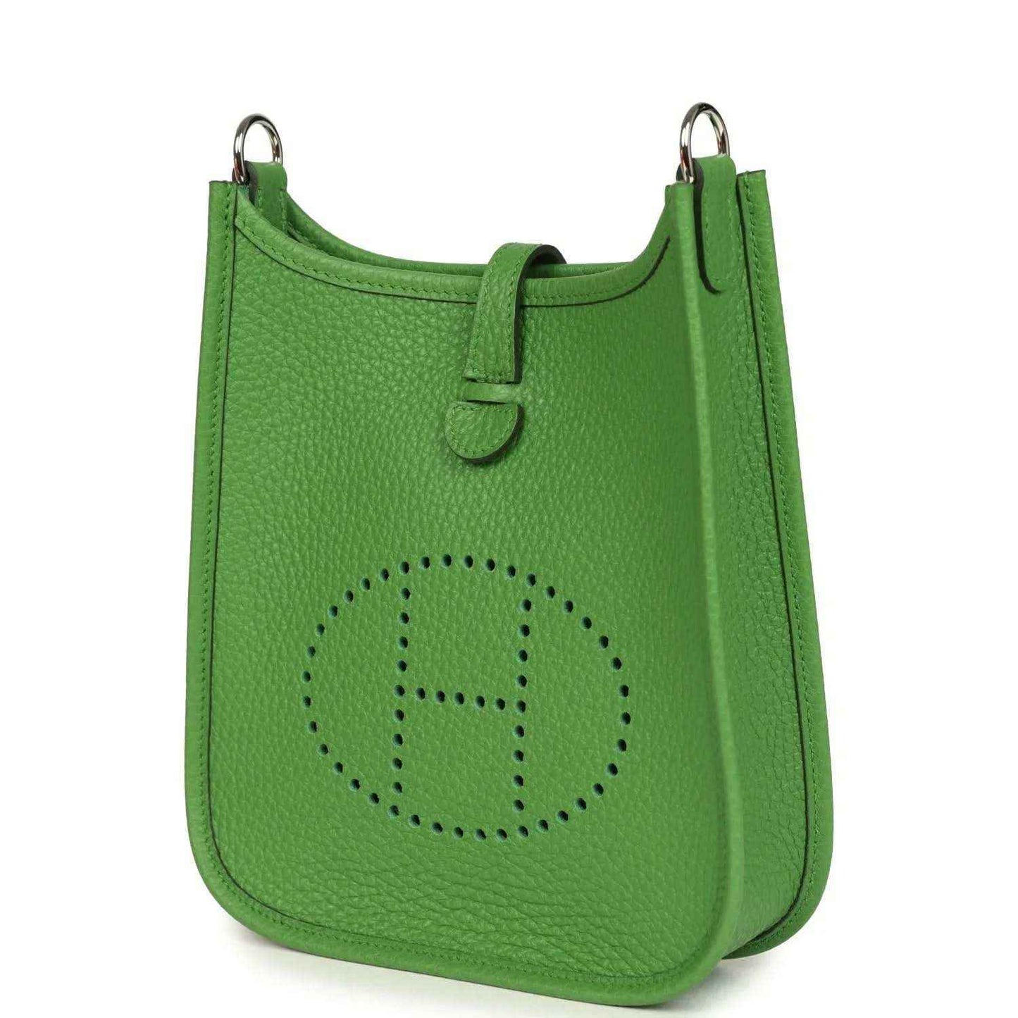 Green pebbled leather Evelyne TPM bag with perforated H logo and top loop handles