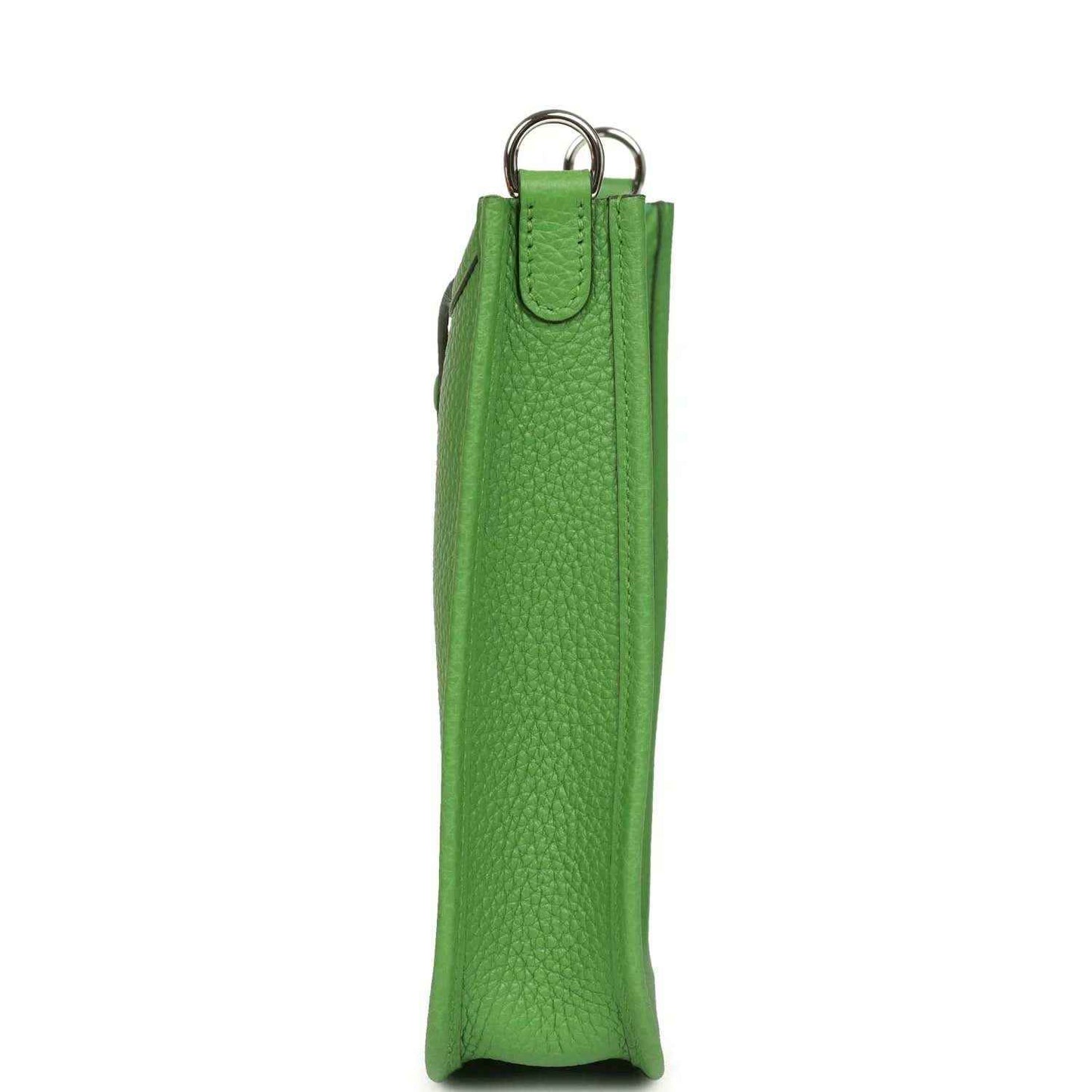 Green pebbled leather Evelyne TPM bag, slim vertical view with top loop handles