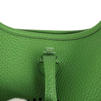 Green pebbled leather bag rim with Hermes Paris and Made in France stamp