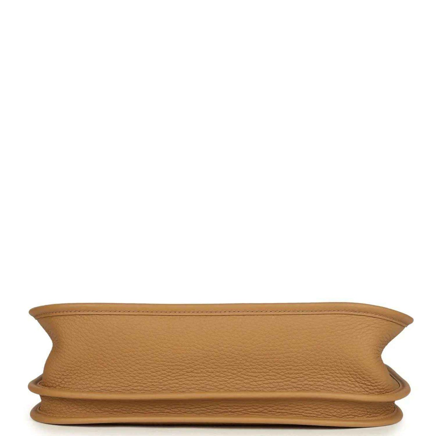 Tan leather bag base view with folded edge trim