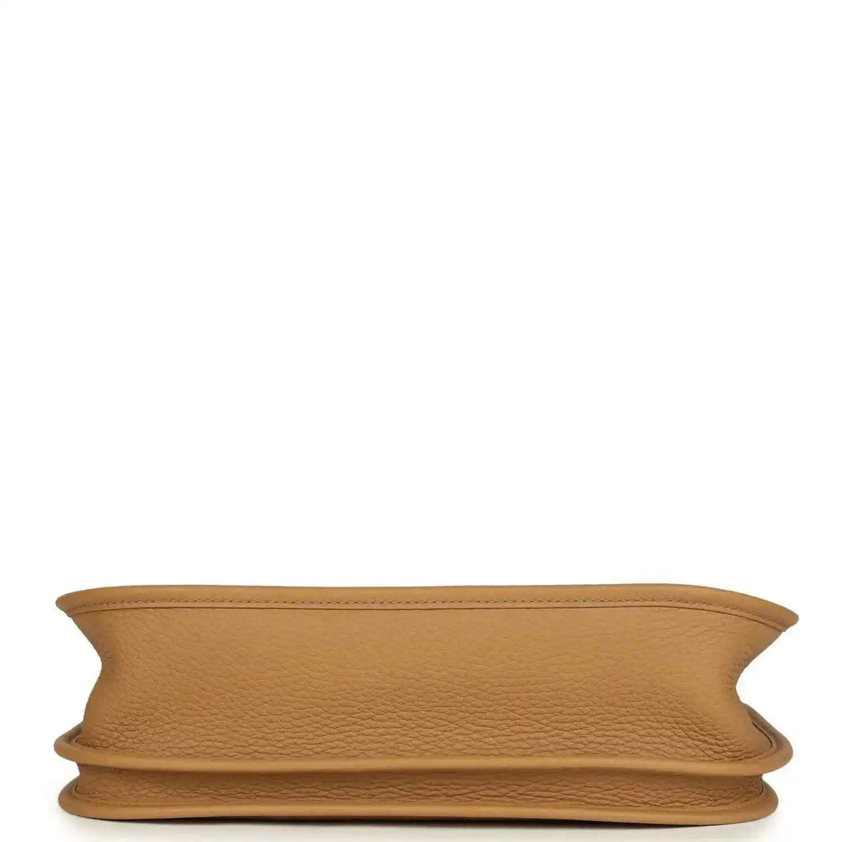 Tan leather bag base view with folded edge trim