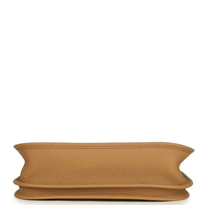 Tan leather bag base view with folded edge trim