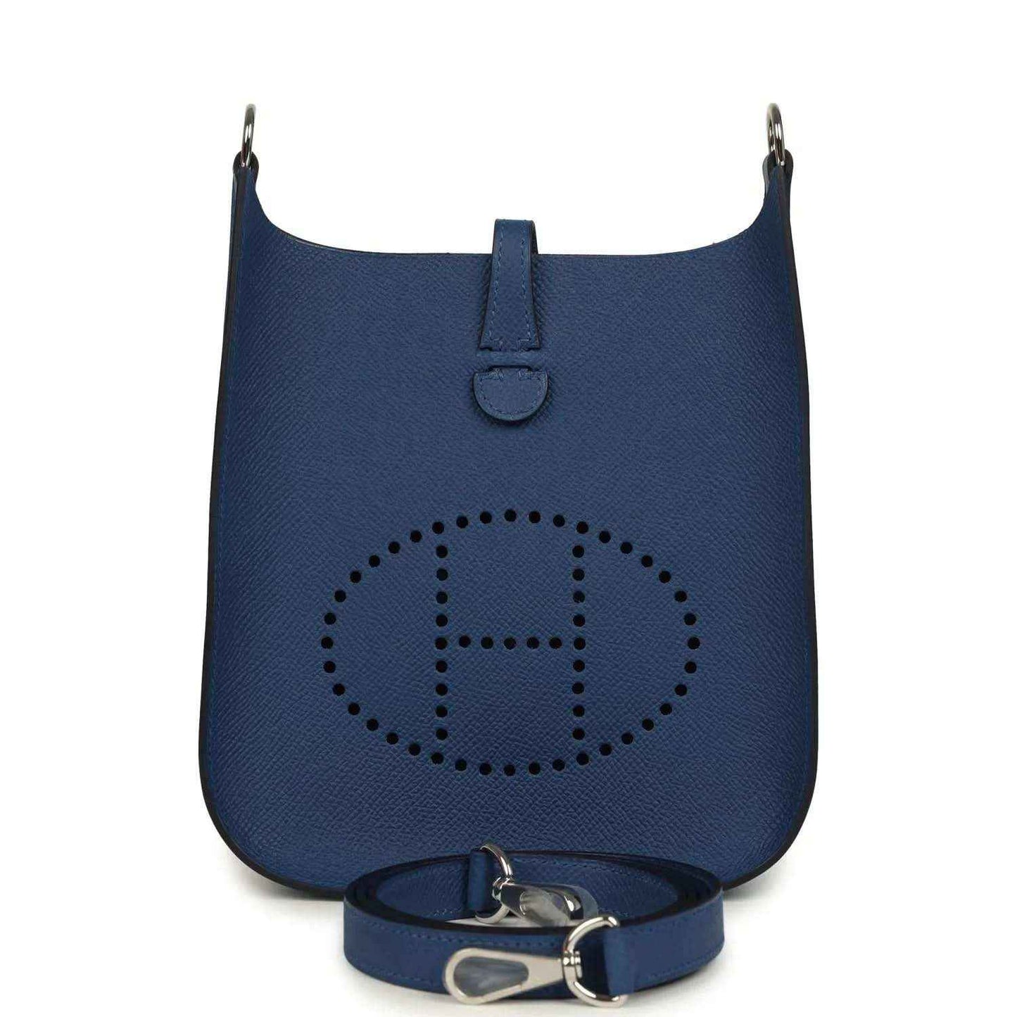 Evelyne Sellier TPM shoulder bag in blue textured leather, perforated Hermes logo