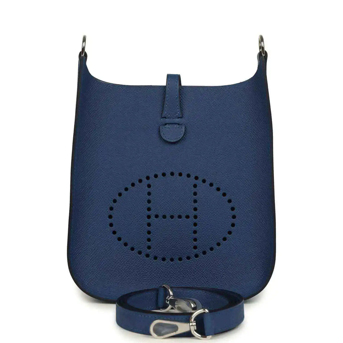 Evelyne Sellier TPM shoulder bag in blue textured leather, perforated Hermes logo