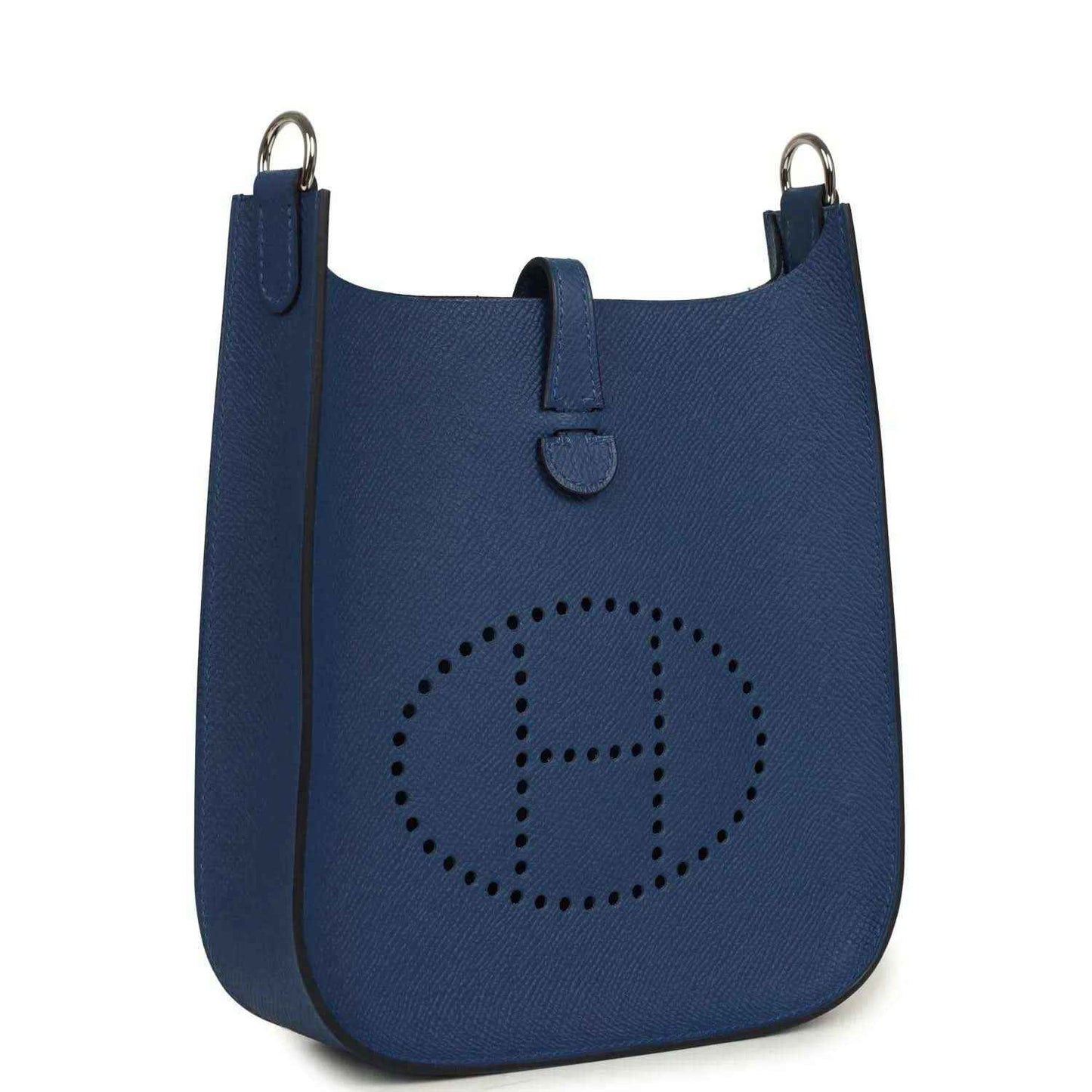 Evelyne Sellier TPM shoulder bag in blue textured leather, front view with logo