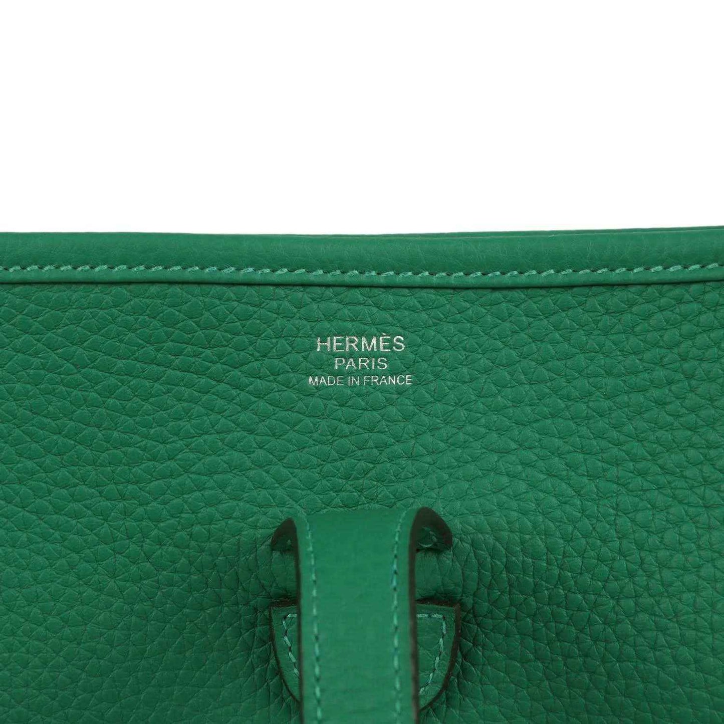 Green leather bag interior with Hermes Paris Made in France stamp