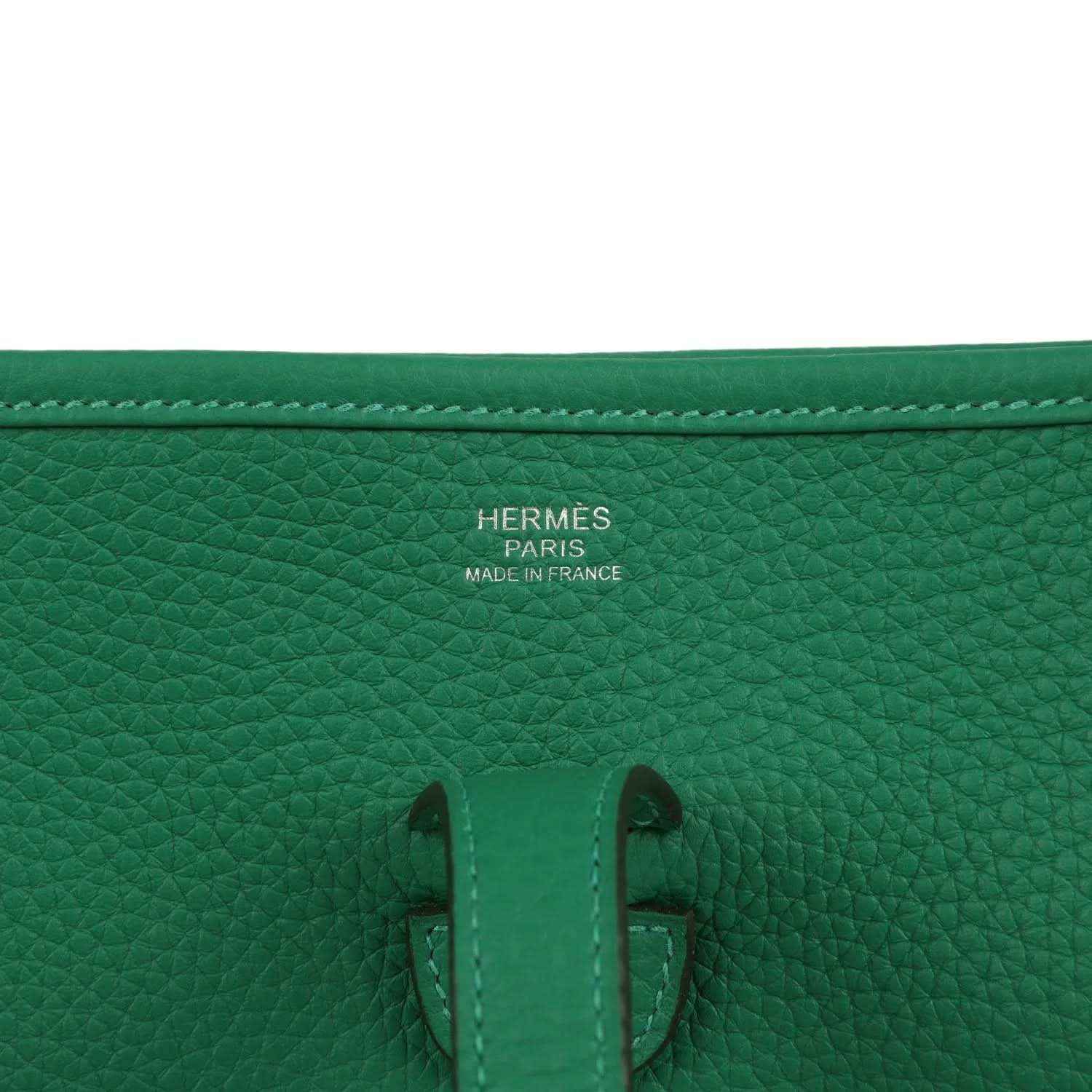 Green leather bag interior with Hermes Paris Made in France stamp