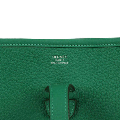 Green leather bag interior with Hermes Paris Made in France stamp
