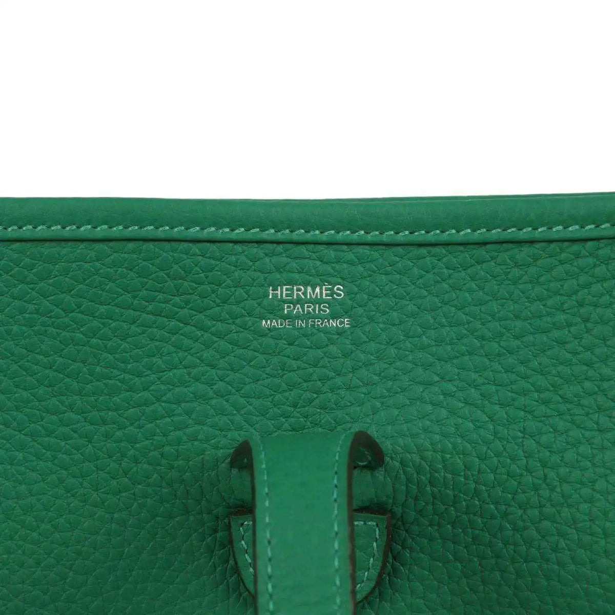 Green leather bag interior with Hermes Paris Made in France stamp