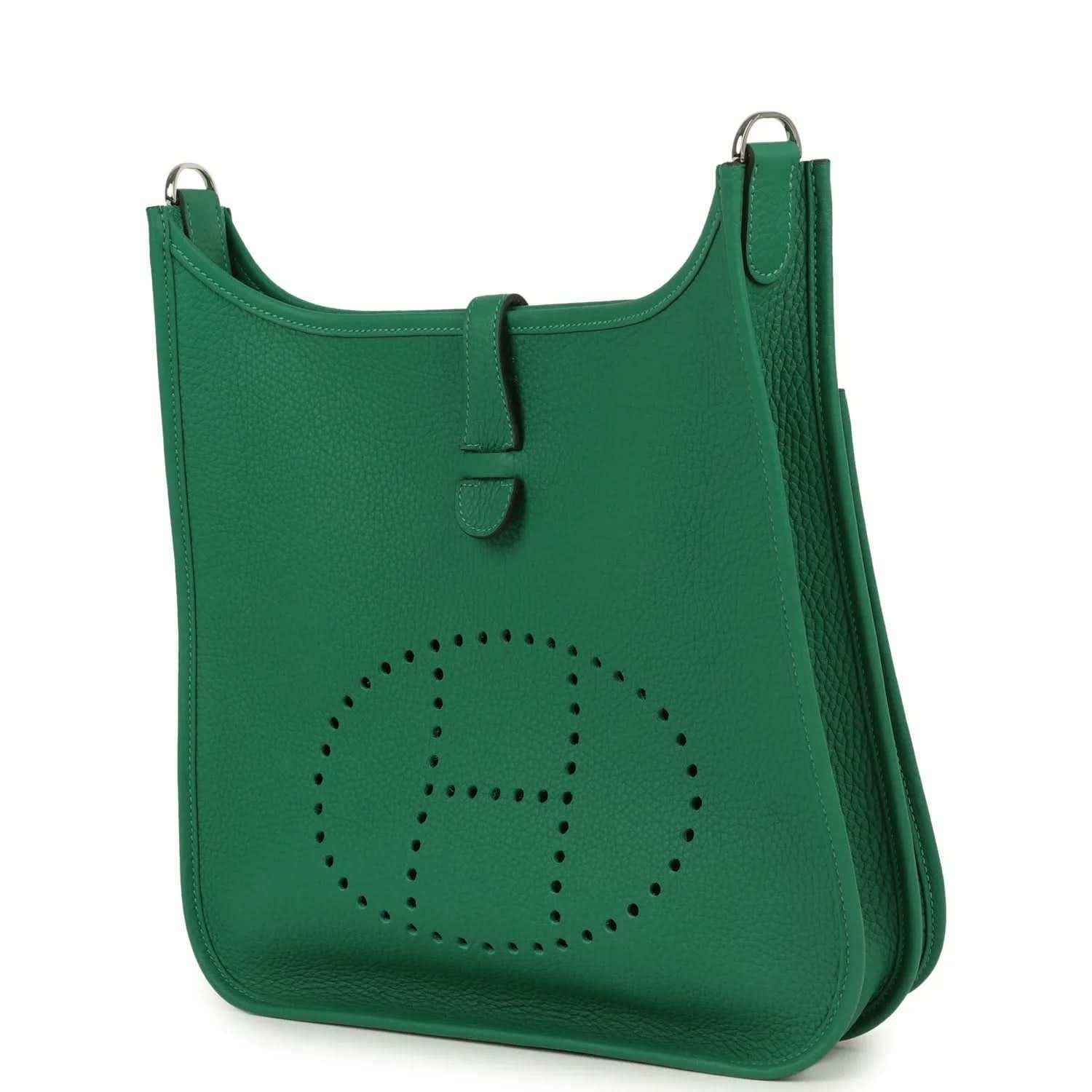 Green leather crossbody bag with perforated logo and side pocket detail