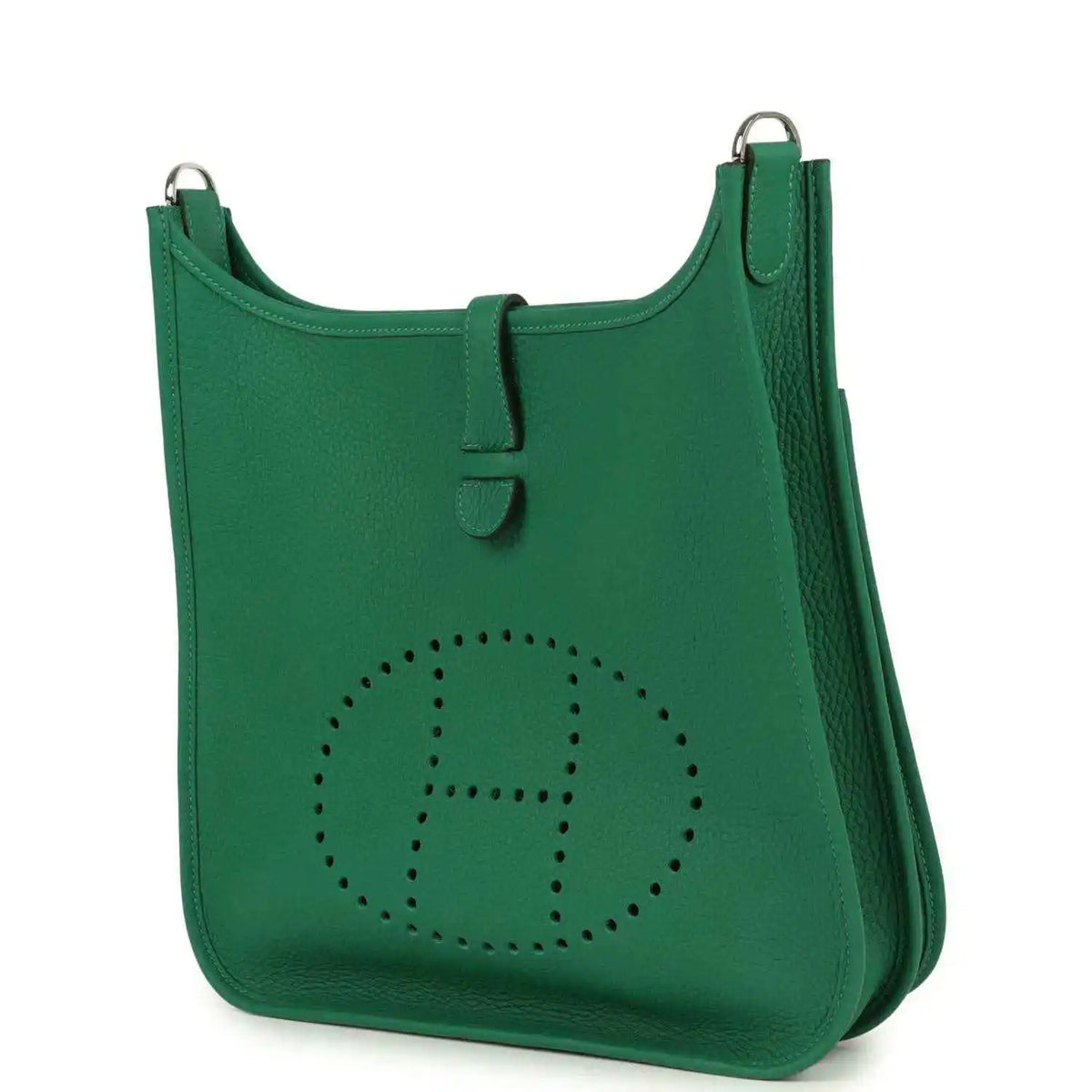 Green leather crossbody bag with perforated logo and side pocket detail
